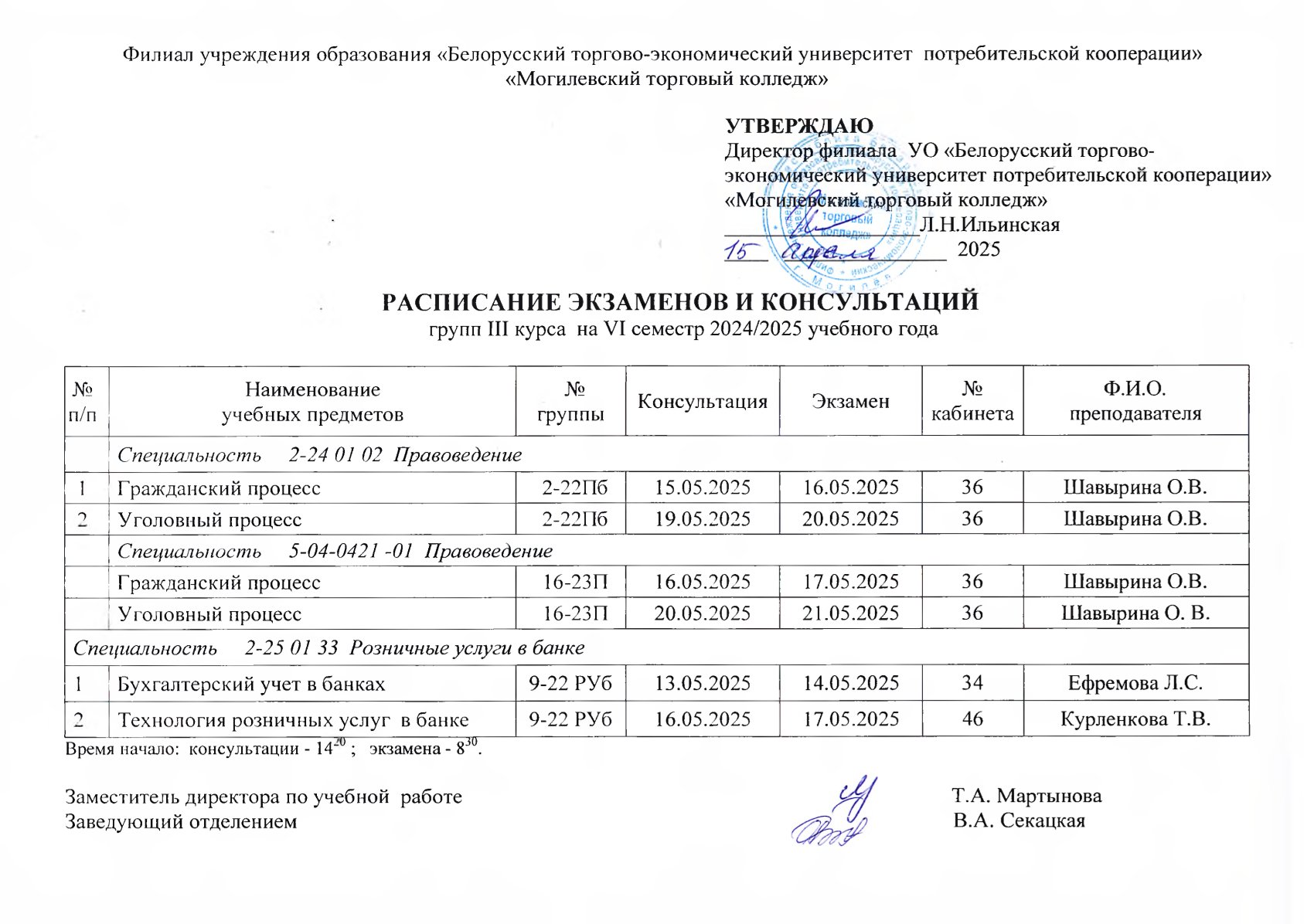 РАСПИСАНИЕ ЭКЗАМЕНОВ И КОНСУЛЬТАЦИЙ