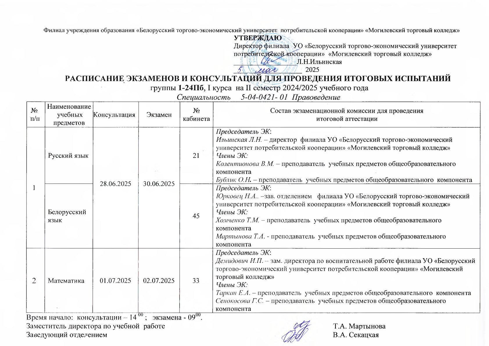 РАСПИСАНИЕ ЭКЗАМЕНОВ И КОНСУЛЬТАЦИЙ ДЛЯ ПРОВЕДЕНИЯ ИТОГОВЫХ ИСПЫТАНИЙ I КУРСА