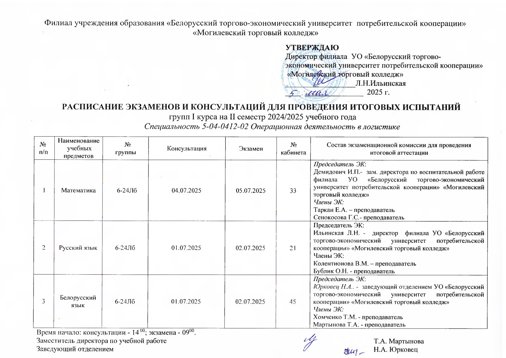 РАСПИСАНИЕ ЭКЗАМЕНОВ И КОНСУЛЬТАЦИЙ ДЛЯ ПРОВЕДЕНИЯ ИТОГОВЫХ ИСПЫТАНИЙ I КУРСА