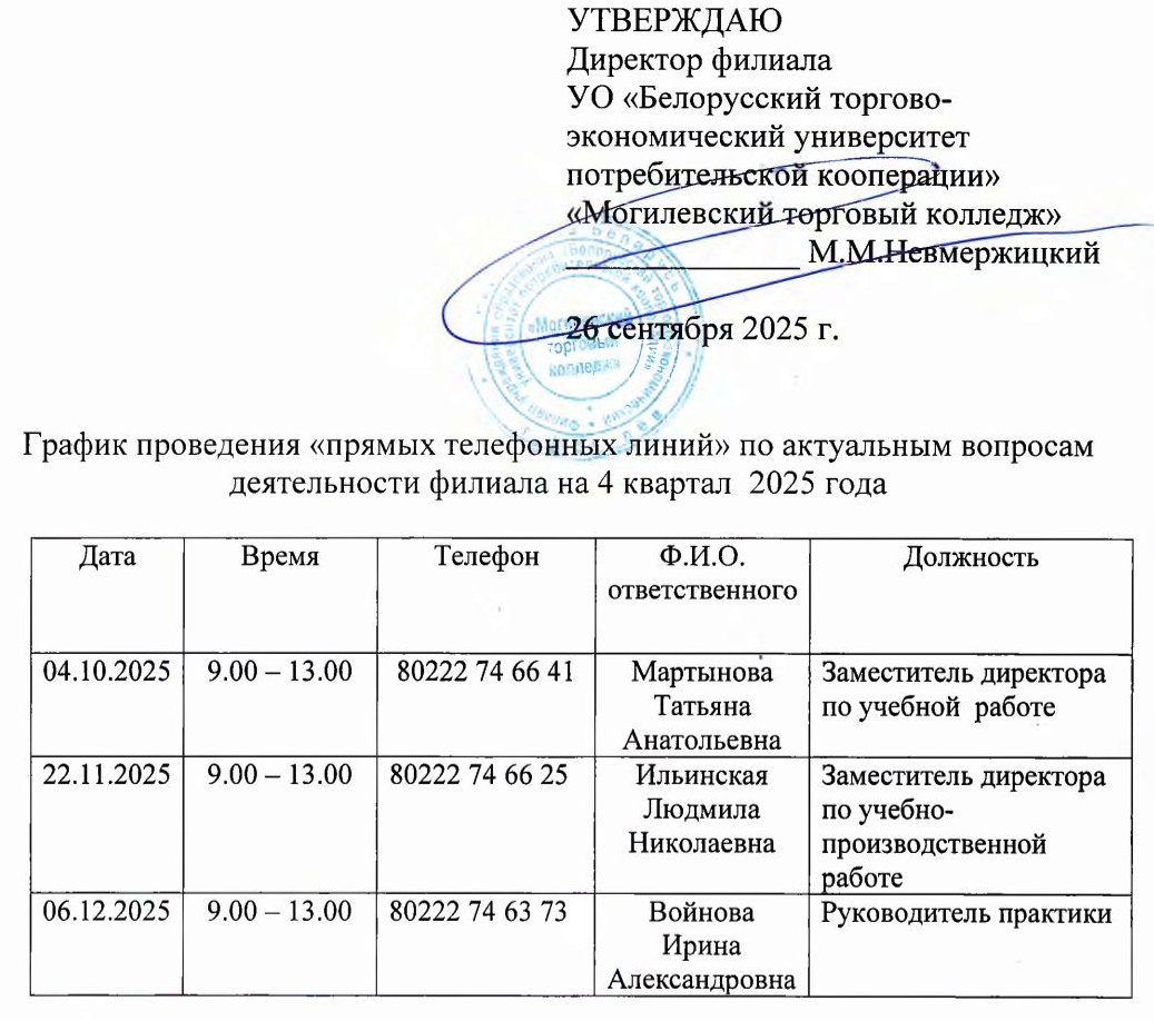 График проведения "прямых телефонных линий" по актуальным вопросам деятельности филиала