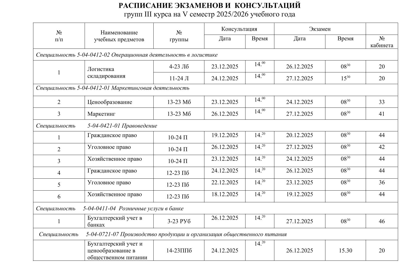 РАСПИСАНИЕ ЭКЗАМЕНОВ И КОНСУЛЬТАЦИЙ