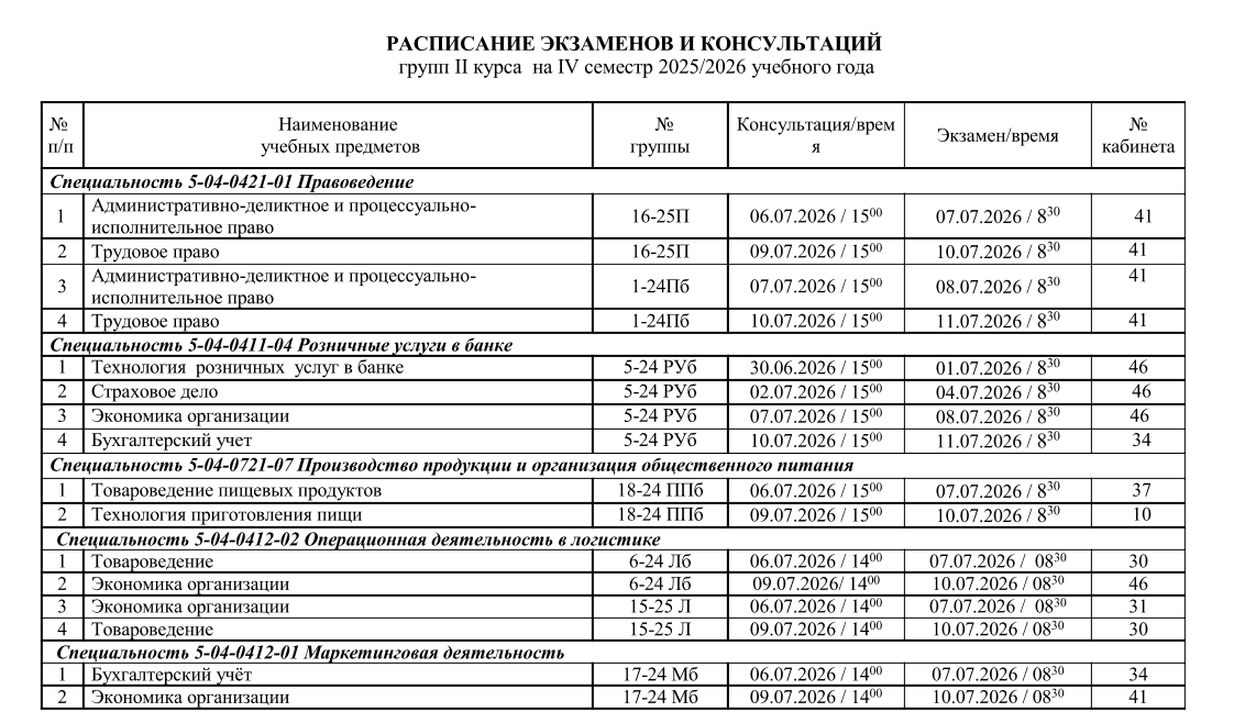 РАСПИСАНИЕ ЭКЗАМЕНОВ И КОНСУЛЬТАЦИЙ