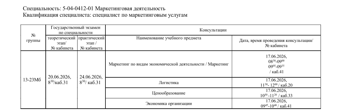 РАСПИСАНИЕ ГОСУДАРСТВЕННЫХ ЭКЗАМЕНОВ И КОНСУЛЬТАЦИЙ